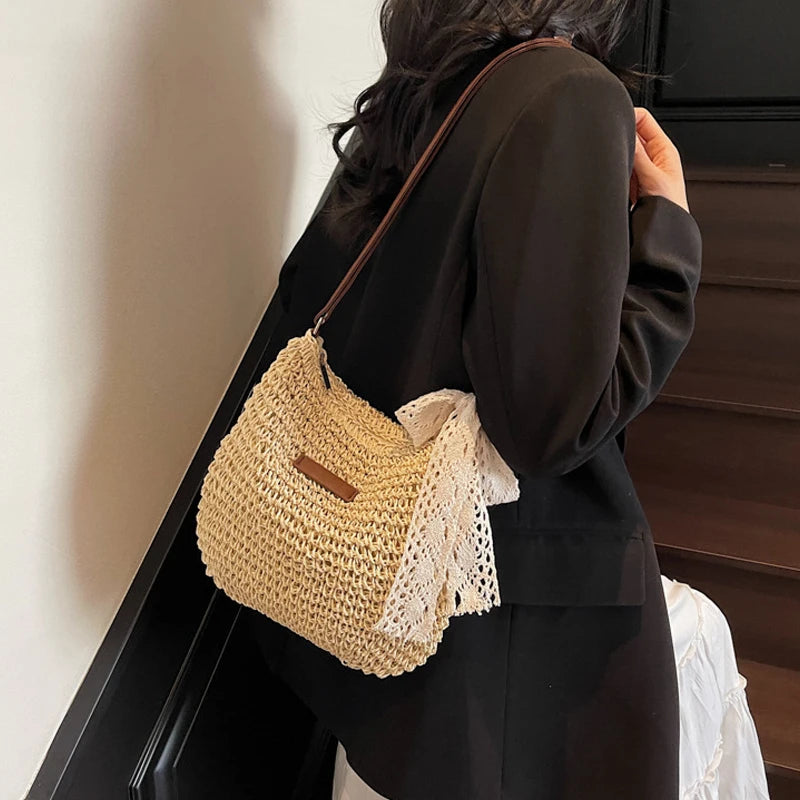Ladies Fashion Summer Straw Crossbody Bag Women Beach Holiday Shopping Woven Shoulder Handbag Purses For Women Bags