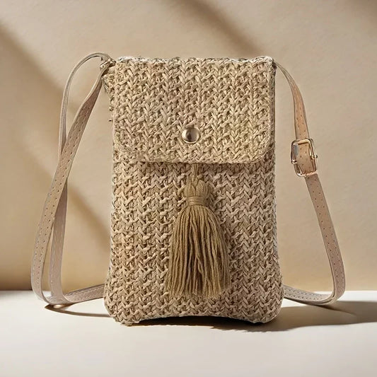Beachside Mobile Phone Bag and Coin, Tassel Woven Women's Mini Shoulder Crossbody Bag, Very Suitable for Daily Travel Shoppin