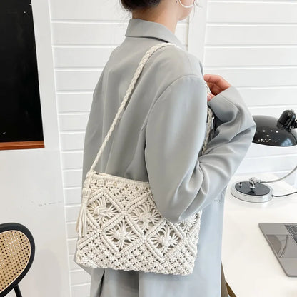 Handmade Cotton Woven Knitted Tassel Crossbody Bag Vintage Shoulder Messenger Bag Female Fashion Beach Summer Handbags for Women