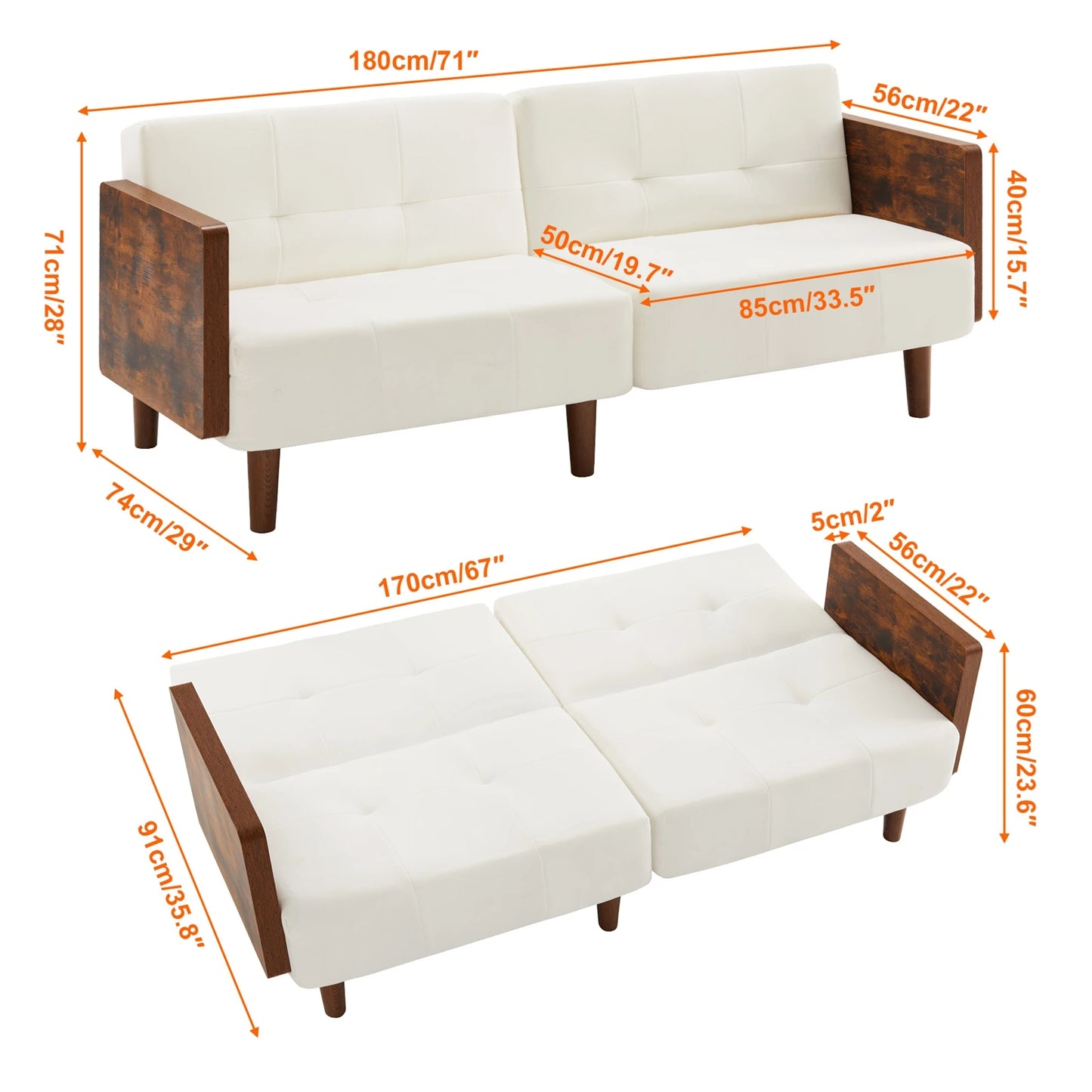 Sofa Bed Twin 71in Wide Cotton Fabric Cushion Back Upholstered Arm 14 Segments Adjustable Angle Lengthen Beige Sofa Bed Couch
