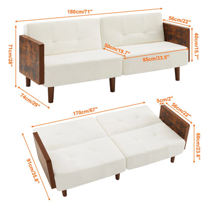 Sofa Bed Twin 71in Wide Cotton Fabric Cushion Back Upholstered Arm 14 Segments Adjustable Angle Lengthen Beige Sofa Bed Couch