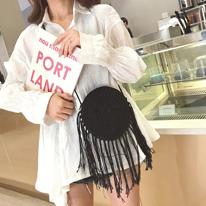 Handmade Cotton Woven Knitted Tassel Crossbody Bag Vintage Shoulder Messenger Bag Female Fashion Beach Summer Handbags for Women