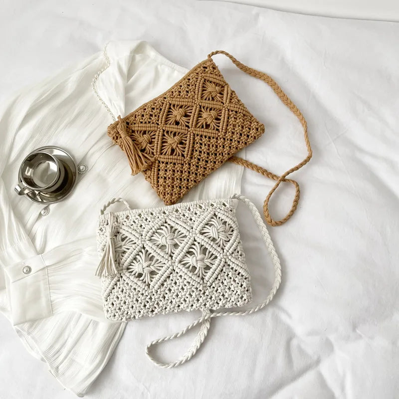 Handmade Cotton Woven Knitted Tassel Crossbody Bag Vintage Shoulder Messenger Bag Female Fashion Beach Summer Handbags for Women
