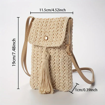 Beachside Mobile Phone Bag and Coin, Tassel Woven Women's Mini Shoulder Crossbody Bag, Very Suitable for Daily Travel Shoppin