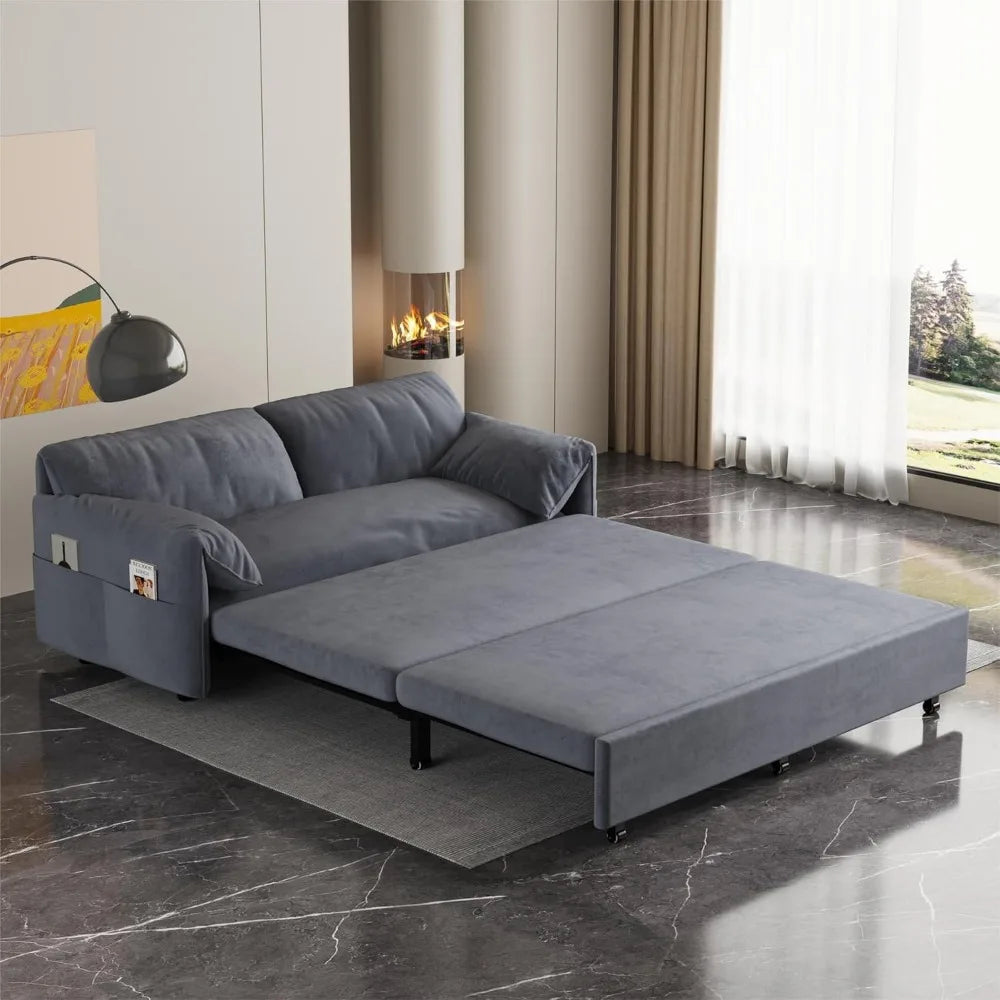 3 in 1 Convertible Queen Sleeper Sofa Bed Comfy Pull Out Futon Couch Bed 63.8" Modern Velvet Recliner Loveseat Sofa Multi-Functi