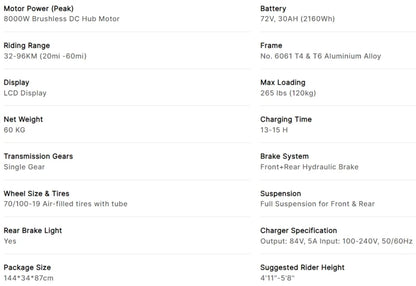 2025 New Arrival Ebike 8000W 72V 30AH N1 Electric Motorcycle 19Inch MTB Tires Electric Dirt Bike with LCD Display