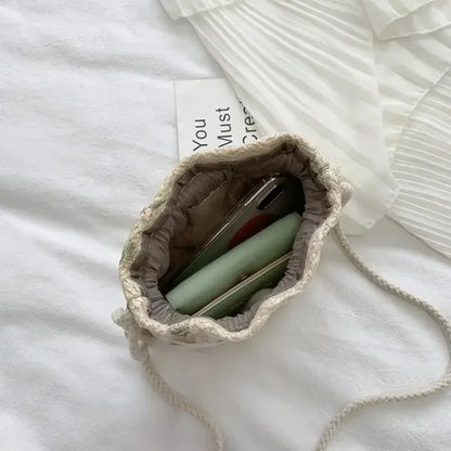1-2PCS Fashion Shoulder Bags Women Straw Drawstring Bucket Bag Flower Embroidery Beach Bags Summer Ladies Crossbody Handbags
