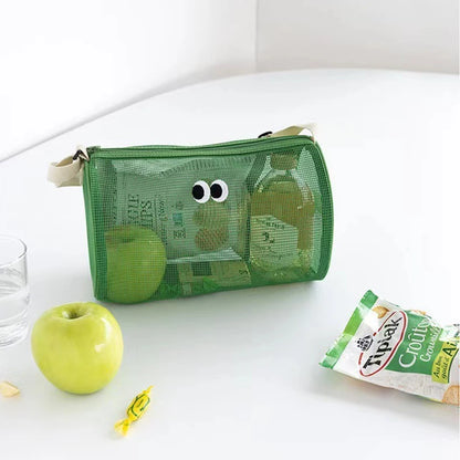 Cylindrical mesh makeup bag, travel crossbody beach swimming bag, hollowed out toiletries storage bag