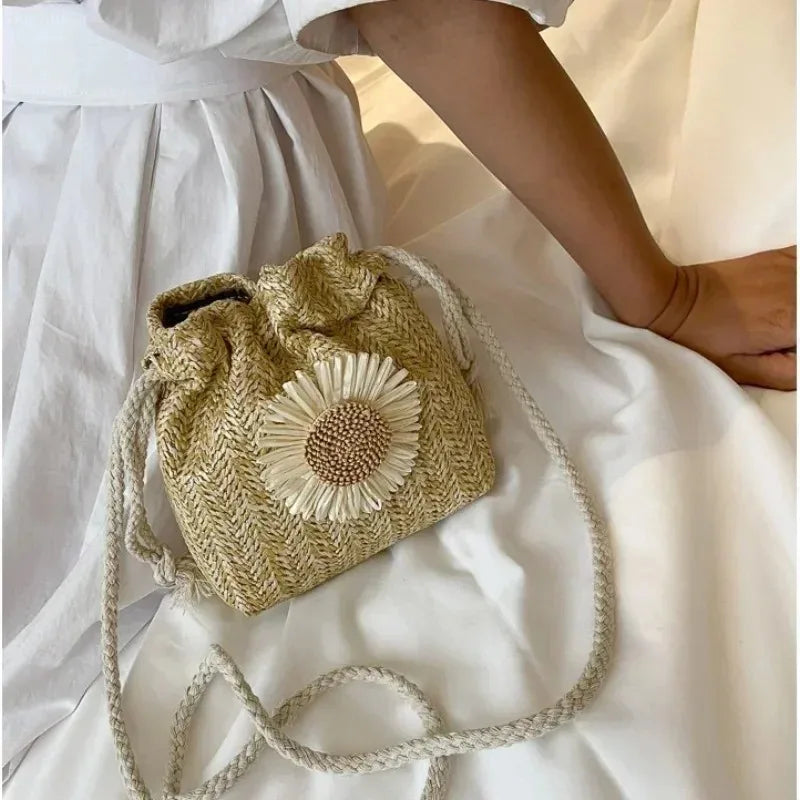1-2PCS Fashion Shoulder Bags Women Straw Drawstring Bucket Bag Flower Embroidery Beach Bags Summer Ladies Crossbody Handbags
