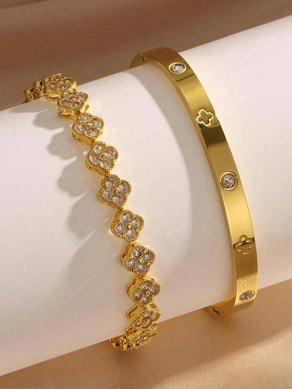 RAKOL Delicate Lucky Clover Women Bracelet High Quality Stainless Steel Morandi Colors Shining Zircon Inlaid Charm Jewelry Gift