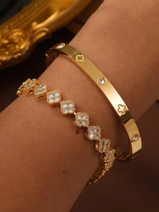 RAKOL Delicate Lucky Clover Women Bracelet High Quality Stainless Steel Morandi Colors Shining Zircon Inlaid Charm Jewelry Gift