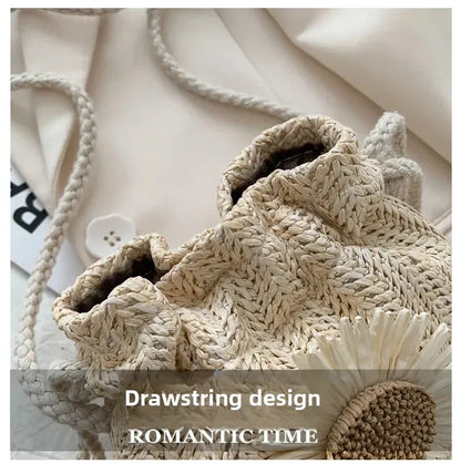 1-2PCS Fashion Shoulder Bags Women Straw Drawstring Bucket Bag Flower Embroidery Beach Bags Summer Ladies Crossbody Handbags