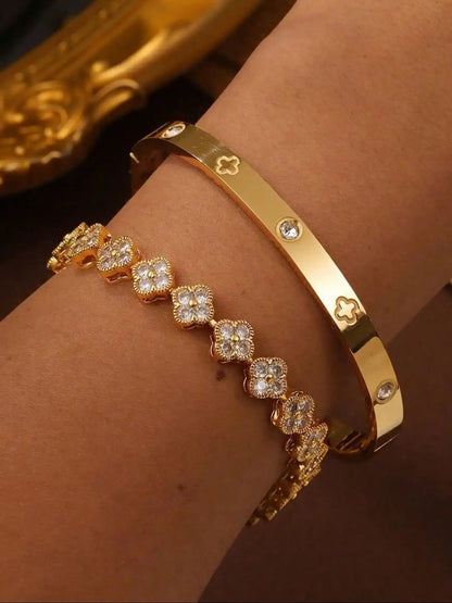 RAKOL Delicate Lucky Clover Women Bracelet High Quality Stainless Steel Morandi Colors Shining Zircon Inlaid Charm Jewelry Gift
