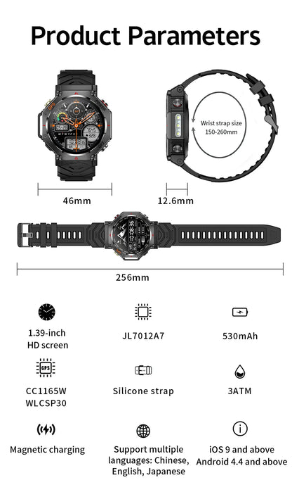 KC91 Smart Watch 530mAh Battery LED Flashlight Compass Altitude Air Pressure Bluetooth Call Fitness Tracker Wearable Devices