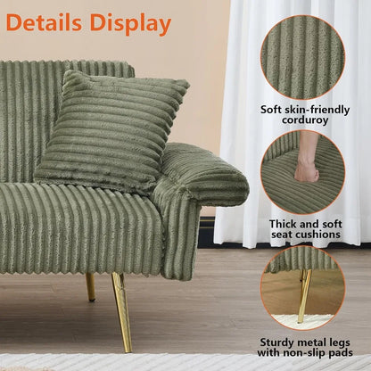 79 inch Corduroy Sofa Bed, Foldable Double Sofa Bed with Folding armrests, Suitable for Living Rooms and Small Spaces (Green)