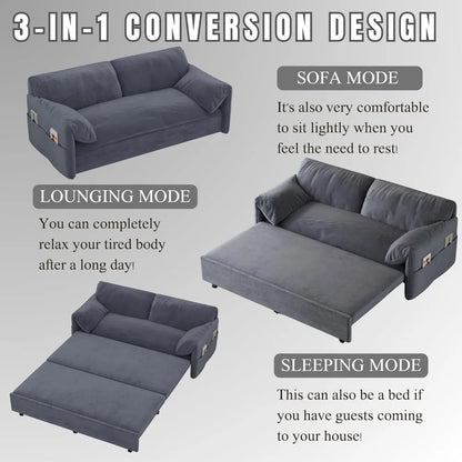 3 in 1 Convertible Queen Sleeper Sofa Bed Comfy Pull Out Futon Couch Bed 63.8" Modern Velvet Recliner Loveseat Sofa Multi-Functi