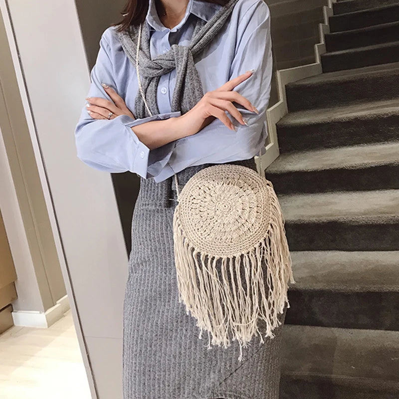 Handmade Cotton Woven Knitted Tassel Crossbody Bag Vintage Shoulder Messenger Bag Female Fashion Beach Summer Handbags for Women