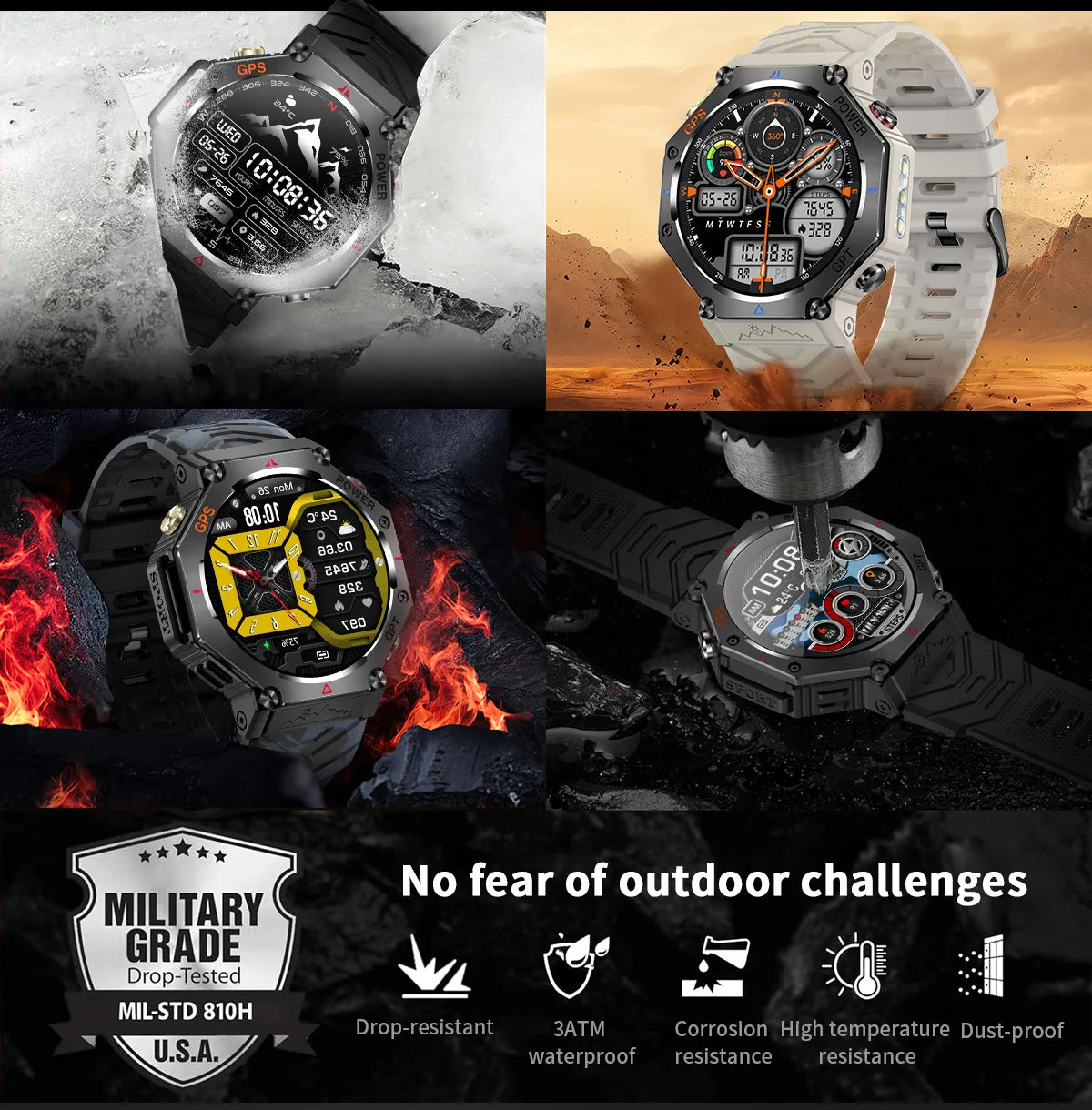 KC91 Smart Watch 530mAh Battery LED Flashlight Compass Altitude Air Pressure Bluetooth Call Fitness Tracker Wearable Devices