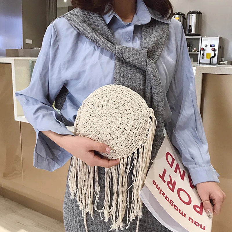 Handmade Cotton Woven Knitted Tassel Crossbody Bag Vintage Shoulder Messenger Bag Female Fashion Beach Summer Handbags for Women
