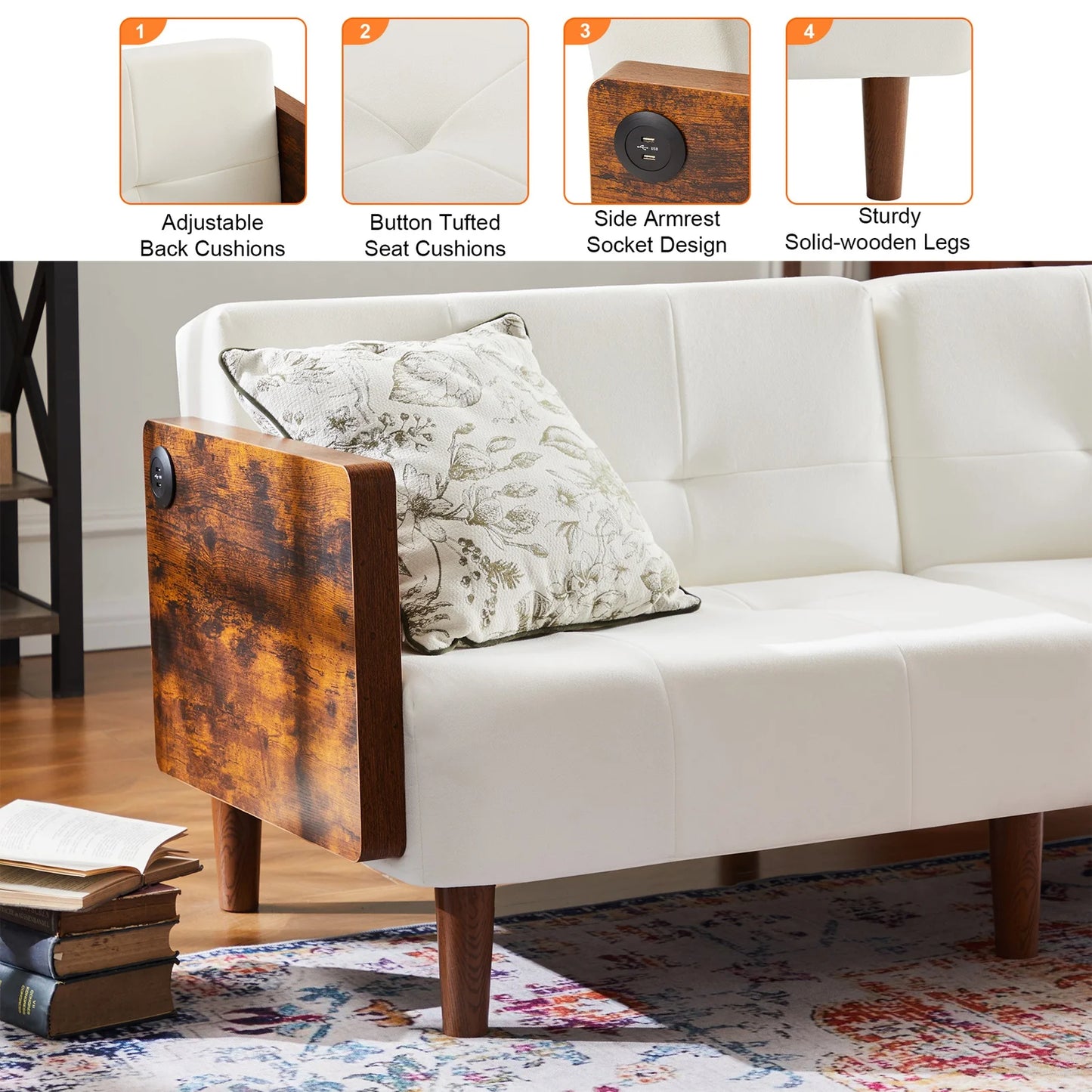 Sofa Bed Twin 71in Wide Cotton Fabric Cushion Back Upholstered Arm 14 Segments Adjustable Angle Lengthen Beige Sofa Bed Couch