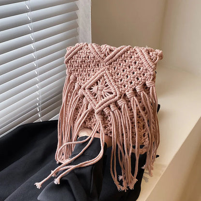 Handmade Cotton Woven Knitted Tassel Crossbody Bag Vintage Shoulder Messenger Bag Female Fashion Beach Summer Handbags for Women