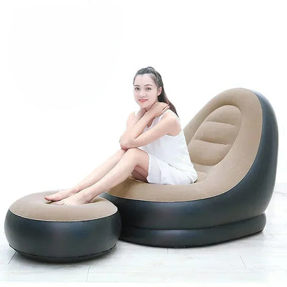 Lazy Sofa Inflatable PVC Flocking Foldable Recliner Outdoor Convenient Lying Chair with Footstool Plush Sofa Beach Park Air Bed