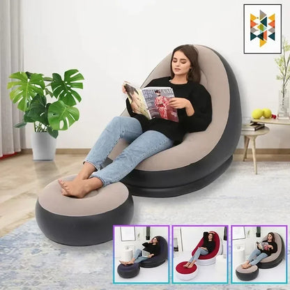 Lazy Sofa Inflatable PVC Flocking Foldable Recliner Outdoor Convenient Lying Chair with Footstool Plush Sofa Beach Park Air Bed