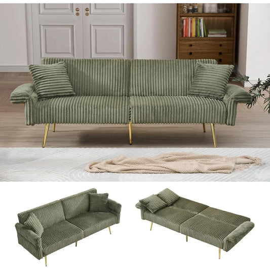 79 inch Corduroy Sofa Bed, Foldable Double Sofa Bed with Folding armrests, Suitable for Living Rooms and Small Spaces (Green)