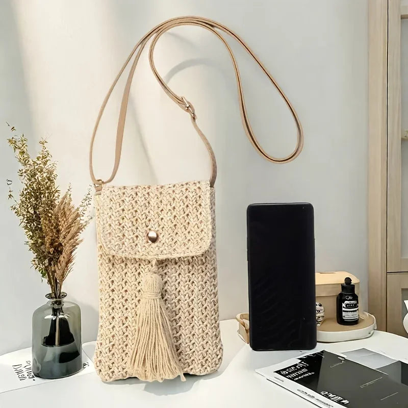 Beachside Mobile Phone Bag and Coin, Tassel Woven Women's Mini Shoulder Crossbody Bag, Very Suitable for Daily Travel Shoppin