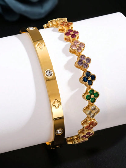 RAKOL Delicate Lucky Clover Women Bracelet High Quality Stainless Steel Morandi Colors Shining Zircon Inlaid Charm Jewelry Gift