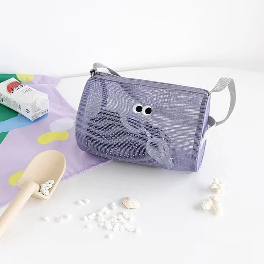 Cylindrical mesh makeup bag, travel crossbody beach swimming bag, hollowed out toiletries storage bag