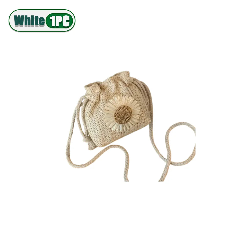 1-2PCS Fashion Shoulder Bags Women Straw Drawstring Bucket Bag Flower Embroidery Beach Bags Summer Ladies Crossbody Handbags