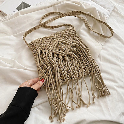 Handmade Cotton Woven Knitted Tassel Crossbody Bag Vintage Shoulder Messenger Bag Female Fashion Beach Summer Handbags for Women