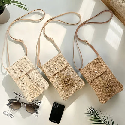 Beachside Mobile Phone Bag and Coin, Tassel Woven Women's Mini Shoulder Crossbody Bag, Very Suitable for Daily Travel Shoppin