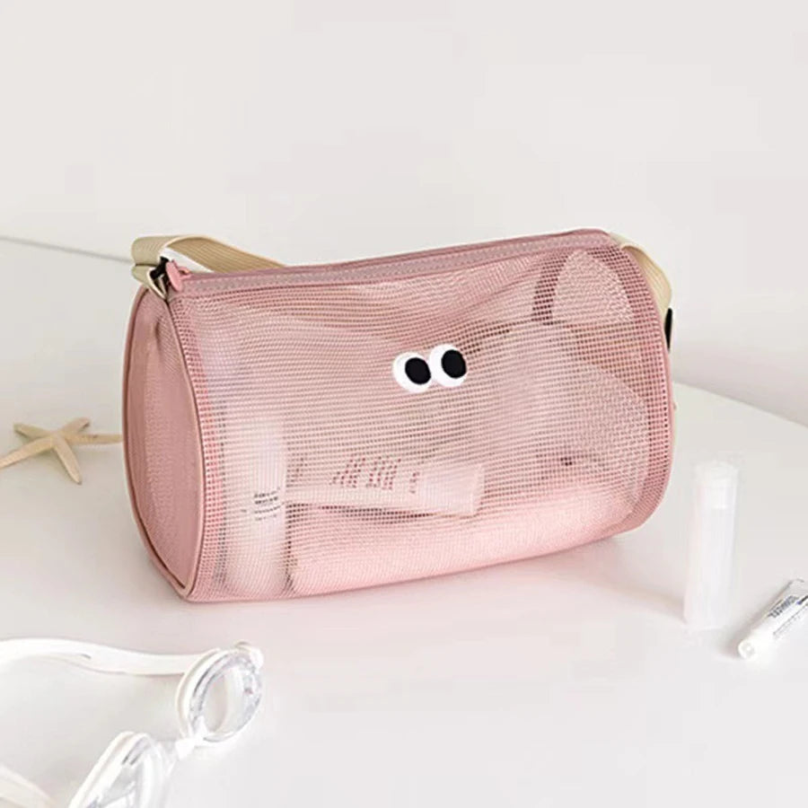 Cylindrical mesh makeup bag, travel crossbody beach swimming bag, hollowed out toiletries storage bag