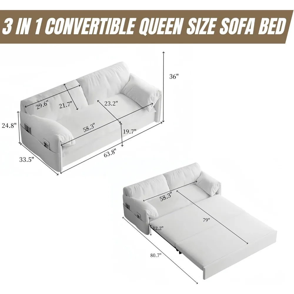 3 in 1 Convertible Queen Sleeper Sofa Bed Comfy Pull Out Futon Couch Bed 63.8" Modern Velvet Recliner Loveseat Sofa Multi-Functi