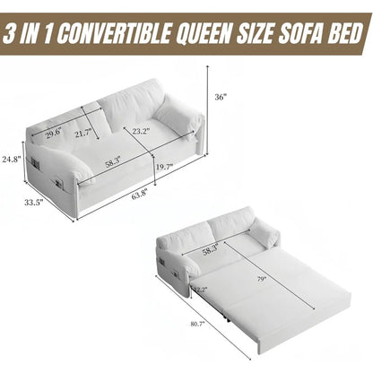 3 in 1 Convertible Queen Sleeper Sofa Bed Comfy Pull Out Futon Couch Bed 63.8" Modern Velvet Recliner Loveseat Sofa Multi-Functi
