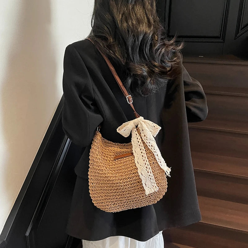 Ladies Fashion Summer Straw Crossbody Bag Women Beach Holiday Shopping Woven Shoulder Handbag Purses For Women Bags