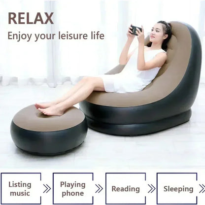 Lazy Sofa Inflatable PVC Flocking Foldable Recliner Outdoor Convenient Lying Chair with Footstool Plush Sofa Beach Park Air Bed