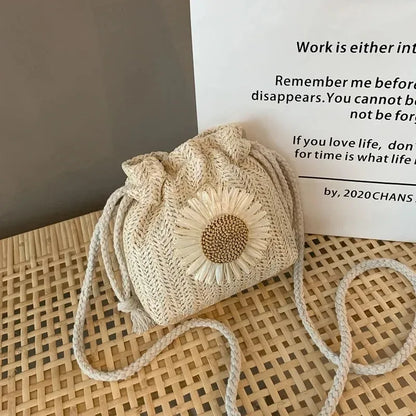 1-2PCS Fashion Shoulder Bags Women Straw Drawstring Bucket Bag Flower Embroidery Beach Bags Summer Ladies Crossbody Handbags