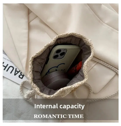 1-2PCS Fashion Shoulder Bags Women Straw Drawstring Bucket Bag Flower Embroidery Beach Bags Summer Ladies Crossbody Handbags
