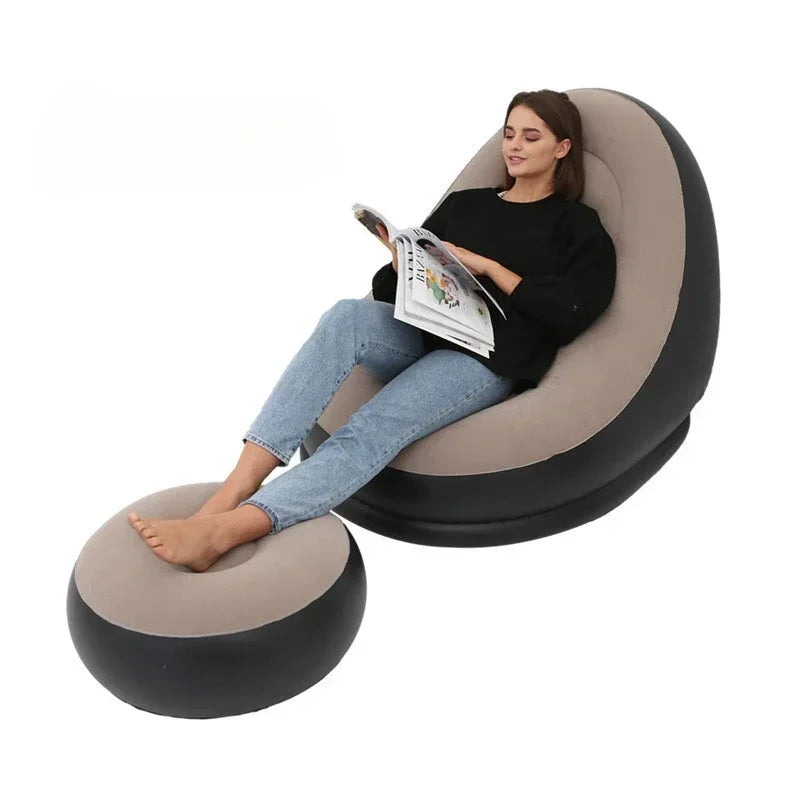 Lazy Sofa Inflatable PVC Flocking Foldable Recliner Outdoor Convenient Lying Chair with Footstool Plush Sofa Beach Park Air Bed