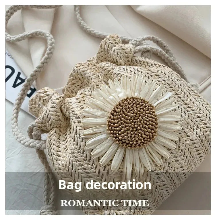 1-2PCS Fashion Shoulder Bags Women Straw Drawstring Bucket Bag Flower Embroidery Beach Bags Summer Ladies Crossbody Handbags