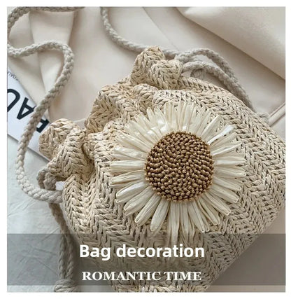 1-2PCS Fashion Shoulder Bags Women Straw Drawstring Bucket Bag Flower Embroidery Beach Bags Summer Ladies Crossbody Handbags