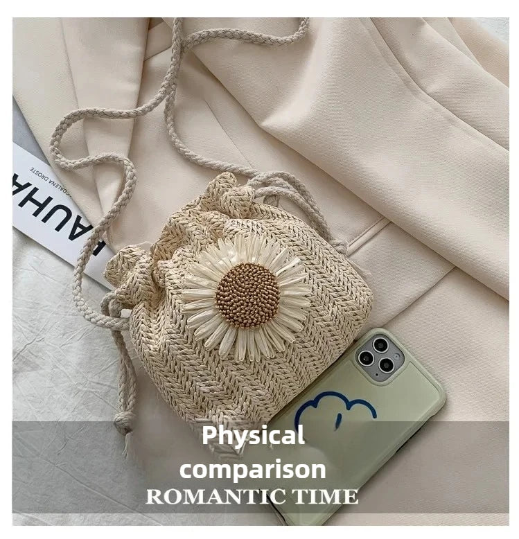 1-2PCS Fashion Shoulder Bags Women Straw Drawstring Bucket Bag Flower Embroidery Beach Bags Summer Ladies Crossbody Handbags