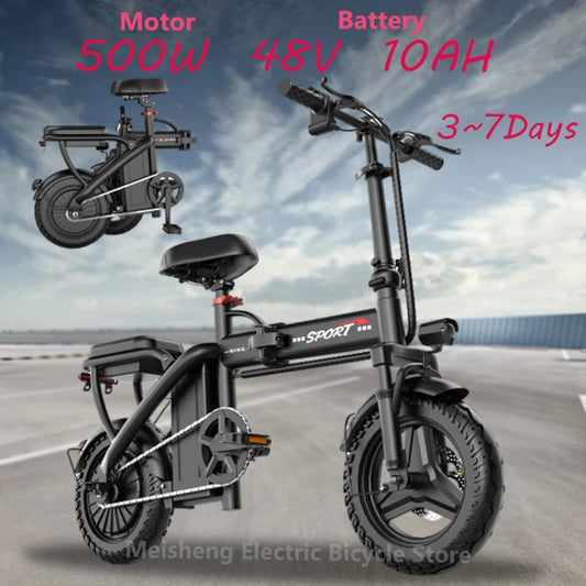 Ebike Z6 500W 48V10AH,20MPH 14' Mini Ebike for City Commuter, Folding Electric Bicycle for Adult with Two Seats UL2849
