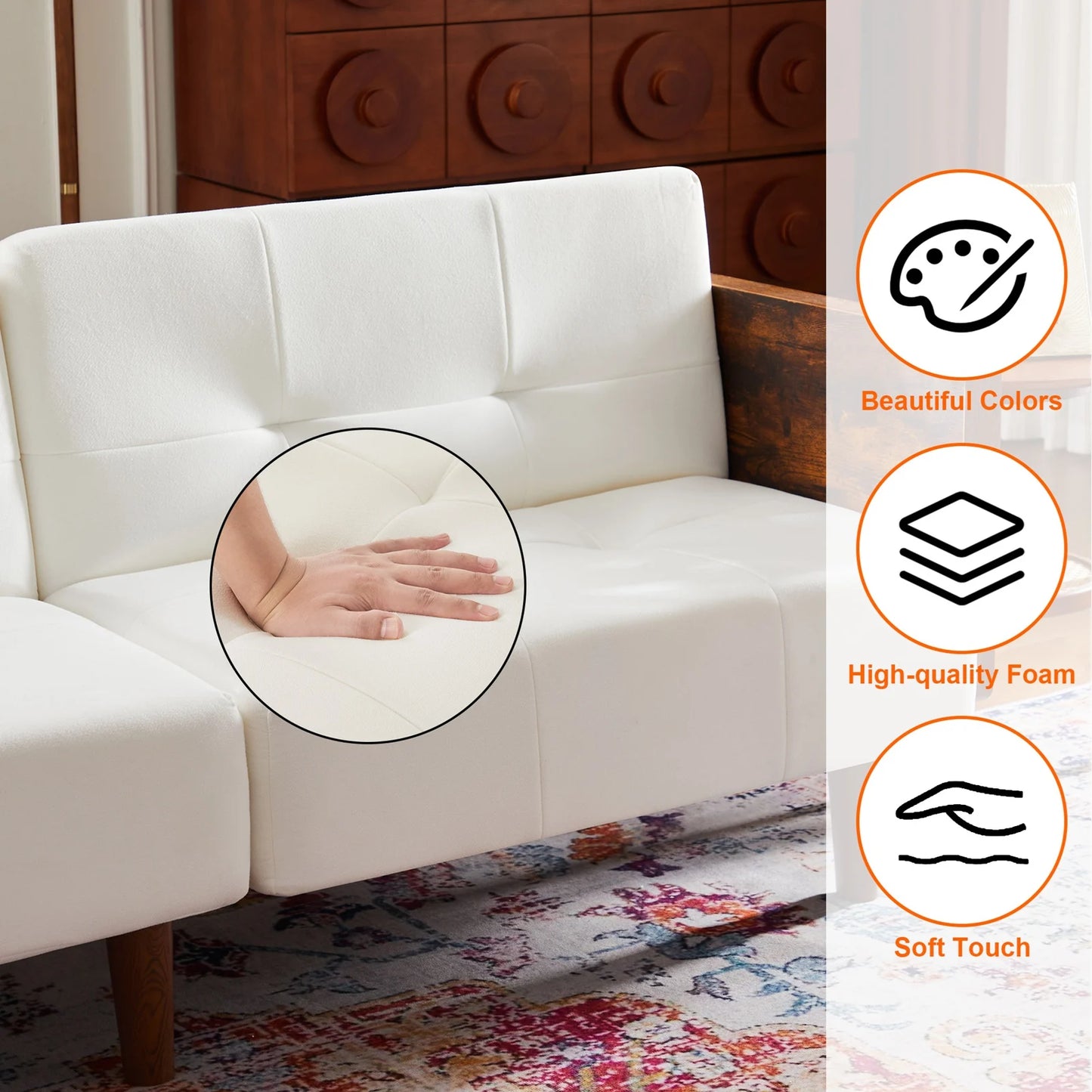 Sofa Bed Twin 71in Wide Cotton Fabric Cushion Back Upholstered Arm 14 Segments Adjustable Angle Lengthen Beige Sofa Bed Couch