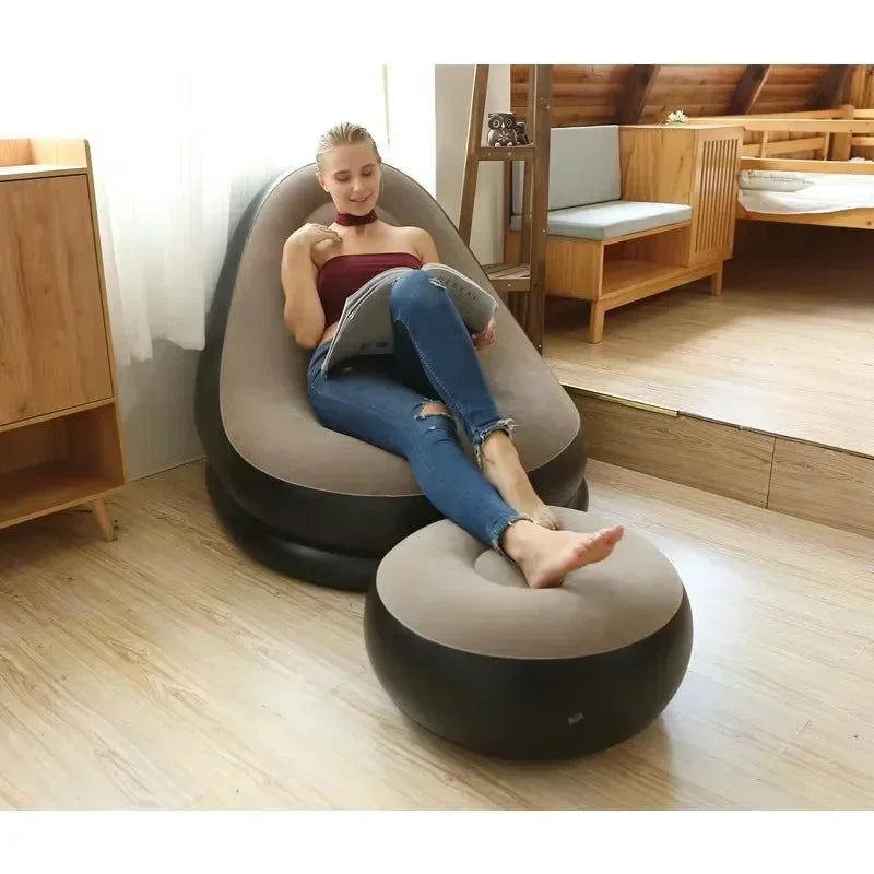 Lazy Sofa Inflatable PVC Flocking Foldable Recliner Outdoor Convenient Lying Chair with Footstool Plush Sofa Beach Park Air Bed