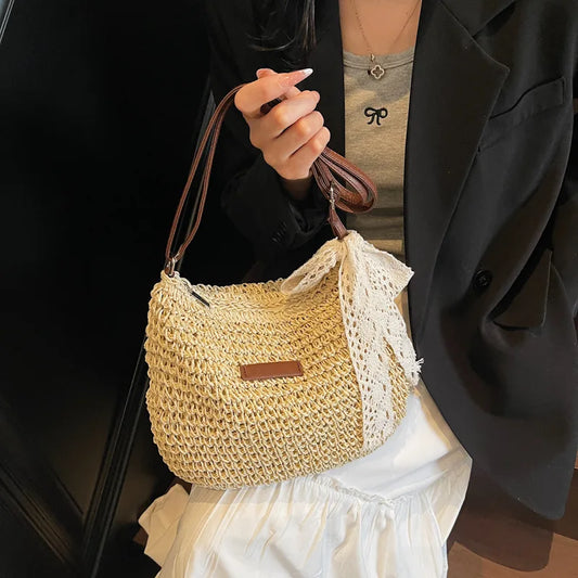 Ladies Fashion Summer Straw Crossbody Bag Women Beach Holiday Shopping Woven Shoulder Handbag Purses For Women Bags