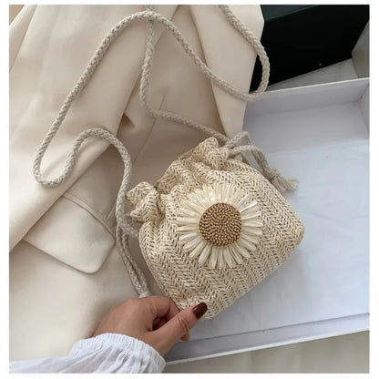 1-2PCS Fashion Shoulder Bags Women Straw Drawstring Bucket Bag Flower Embroidery Beach Bags Summer Ladies Crossbody Handbags